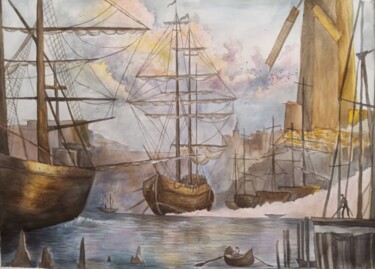 Peinture intitulée "Корабельная бухта" par Alina Gelman, Œuvre d'art originale, Aquarelle Monté sur Châssis en bois