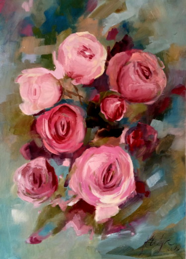 Pittura intitolato "Red peonies" da Alina Matykiewicz, Opera d'arte originale, Olio