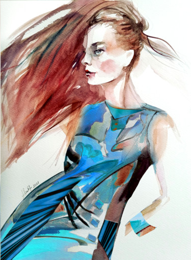 Digitale Kunst getiteld "Wind in hair" door Alina Matykiewicz, Origineel Kunstwerk, Aquarel