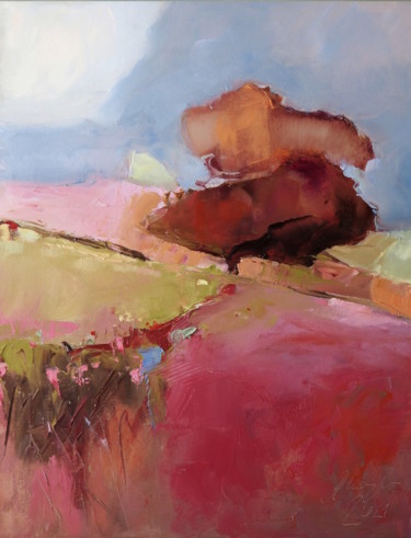 Painting titled "Pink yellow meadow" by Alina Matykiewicz, Original Artwork, Oil Mounted on Wood Panel