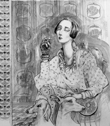 Disegno intitolato "Lady with dogs" da Alina Matykiewicz, Opera d'arte originale, Pennarello