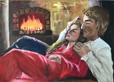 Ζωγραφική με τίτλο "Fireplace warmth" από Alina Morozova, Αυθεντικά έργα τέχνης, Λάδι Τοποθετήθηκε στο Χαρτόνι