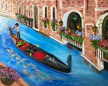 Painting titled "Gondolier, Venice" by Alina Morozova, Original Artwork, Oil Mounted on Cardboard