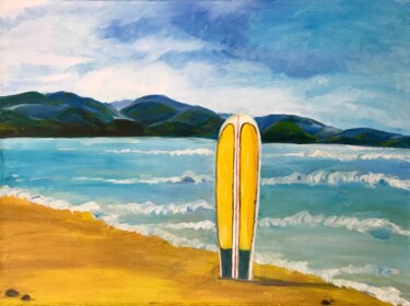 Schilderij getiteld "Surfboard on the be…" door Alina Morozova, Origineel Kunstwerk, Olie