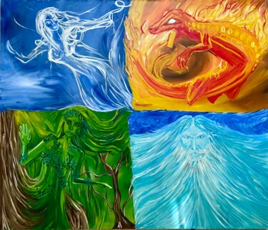 Painting titled "Four elements of na…" by Alina Morozova, Original Artwork, Oil Mounted on Wood Panel