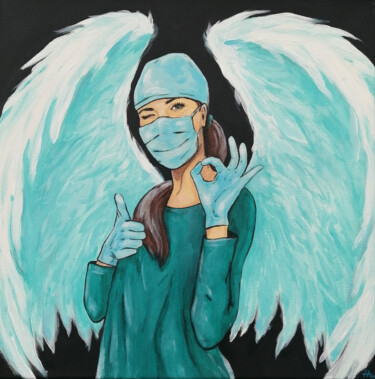 Painting titled "Angel (doctor)" by Alina Nikitina, Original Artwork, Acrylic Mounted on Wood Stretcher frame