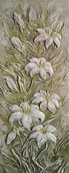 Painting titled "Lilies. Bas-relief" by Alina Nikitina, Original Artwork, Plaster Mounted on Other rigid panel
