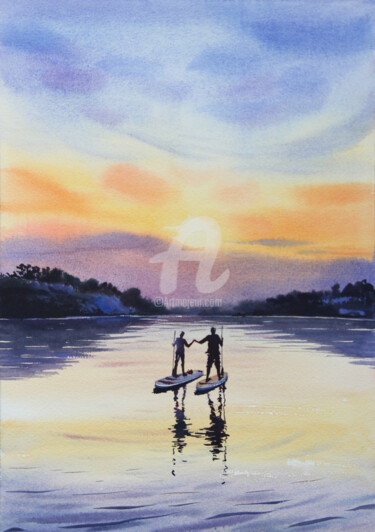 Painting titled "SUP au coucher du s…" by Alina Shangina, Original Artwork, Watercolor