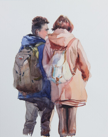 Painting titled "Couple - watercolor…" by Alina Shangina, Original Artwork, Watercolor