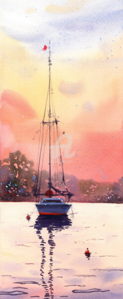 Pittura intitolato "🌟PEACH SUNSET #2 🌟…" da Alina Shangina, Opera d'arte originale, Acquarello