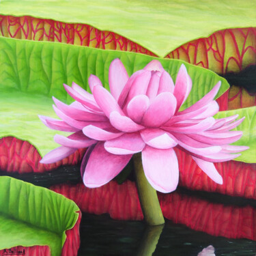 Schilderij getiteld "Victoria amazonica" door Aline Belliard, Origineel Kunstwerk, Acryl Gemonteerd op Frame voor houten bra…