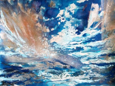 Pittura intitolato "BLUE WHALE" da Aline Messiez-Petit, Opera d'arte originale, Inchiostro Montato su Vetro