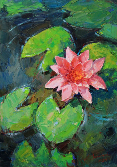 Painting titled "Lilies pond" by Alisa Onipchenko-Cherniakovska, Original Artwork, Oil Mounted on Other rigid panel