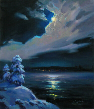 「Winter night」というタイトルの絵画 Alisa Onipchenko-Cherniakovskaによって, オリジナルのアートワーク, オイル ウッドストレッチャーフレームにマウント