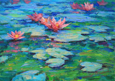 Painting titled "Pink lilies" by Alisa Onipchenko-Cherniakovska, Original Artwork, Oil Mounted on Other rigid panel