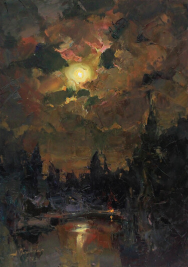 Painting titled ""Summer night"" by Alisa Onipchenko-Cherniakovska, Original Artwork, Oil Mounted on Other rigid panel