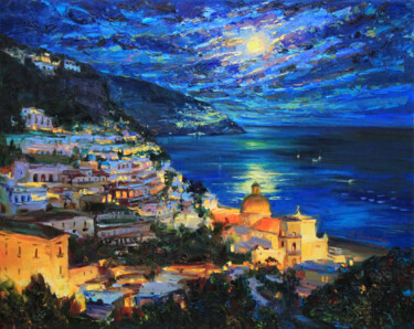 Pintura intitulada "Night Amalfi Coast" por Alisa Onipchenko-Cherniakovska, Obras de arte originais, Óleo Montado em Armação…