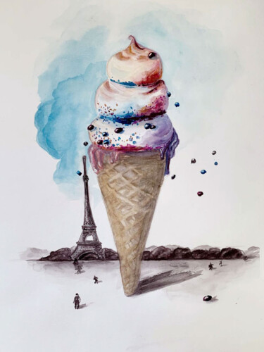 Ζωγραφική με τίτλο "Surreal icecream" από Alisa Vovk, Αυθεντικά έργα τέχνης, Ακουαρέλα