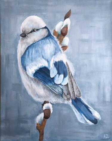 Painting titled "Blue and white bird" by Aliya Zharlykpaeva, Original Artwork, Acrylic Mounted on Wood Stretcher frame