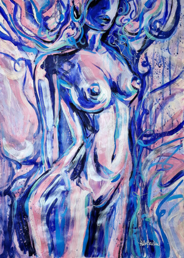 Pintura intitulada "NUDE IN BLUE 2" por Alla Broska, Obras de arte originais, Acrílico
