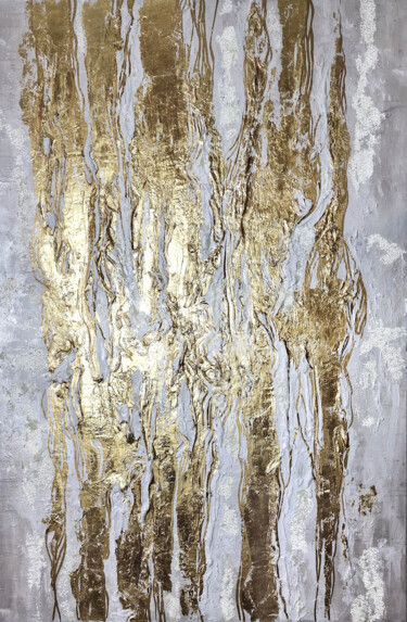 Schilderij getiteld "Abstraction in gold" door Alla Broska, Origineel Kunstwerk, Acryl Gemonteerd op Frame voor houten branc…
