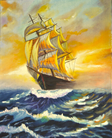 Painting titled "ship at sunset" by Alla Landenband, Original Artwork, Oil