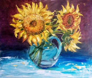 Painting titled "Sunflowers in a blu…" by Alla Orlova, Original Artwork, Oil Mounted on Cardboard