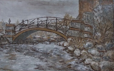 Painting titled "Ukraine.The bridge…" by Alla Ronikier, Original Artwork, Oil Mounted on Wood Stretcher frame