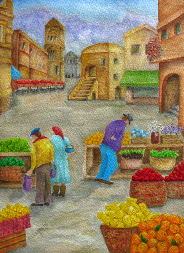 Schilderij getiteld "MORNING MARKET IN C…" door Allegretto, Origineel Kunstwerk, Acryl