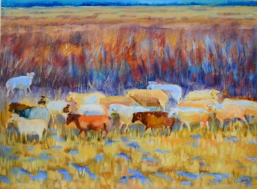 Painting titled "Grazing sheep" by Elena Afanasieva, Original Artwork, Oil Mounted on Wood Stretcher frame