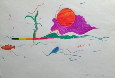 Disegno intitolato "Inselparadies (Fisc…" da Alois Oberndorfer, Opera d'arte originale, Matite colorate