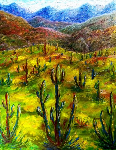 Painting titled "Cactus,Desert lands…" by Alona Santhorieieva, Original Artwork, Oil Mounted on Other rigid panel