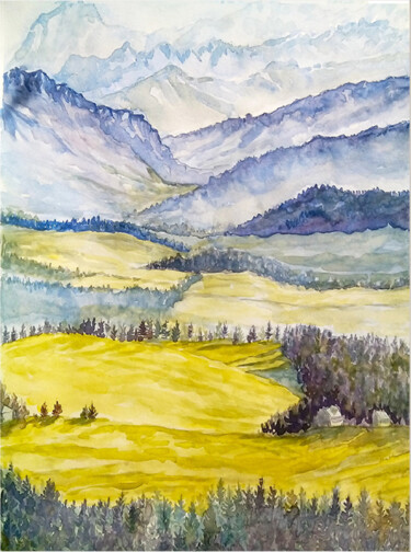 Pittura intitolato "Foggy mountains wat…" da Alona Santhorieieva, Opera d'arte originale, Acquarello