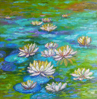 Painting titled "Pond with Water lil…" by Alona Santhorieieva, Original Artwork, Oil