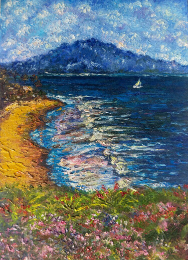 Painting titled "Seascape Beach Oil…" by Alona Santhorieieva, Original Artwork, Oil