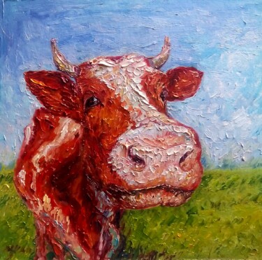 Painting titled "Cow oil painting,Pe…" by Alona Santhorieieva, Original Artwork, Oil