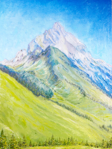 Painting titled "Alps mountains oil…" by Alona Santhorieieva, Original Artwork, Oil Mounted on Wood Stretcher frame