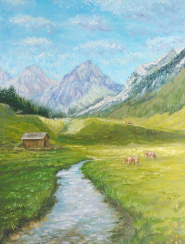 Painting titled "Alps mountains land…" by Alona Santhorieieva, Original Artwork, Oil