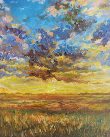 Pittura intitolato "Sunset over Field O…" da Alona Santhorieieva, Opera d'arte originale, Olio