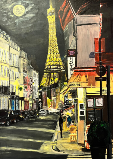 Peinture intitulée "Une nuit à paris" par Along Xu, Œuvre d'art originale, Acrylique Monté sur Châssis en bois