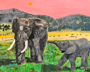 Malerei mit dem Titel "Éléphant et éléphan…" von Along Xu, Original-Kunstwerk, Acryl Auf Keilrahmen aus Holz montiert