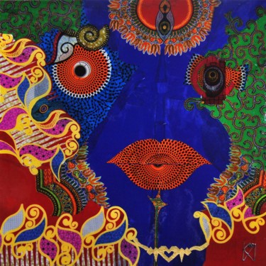 「Influences On Self」というタイトルのテキスタイルアート Kwame Akpokaviによって, オリジナルのアートワーク, コラージュ ウッドストレッチャーフレームにマウント