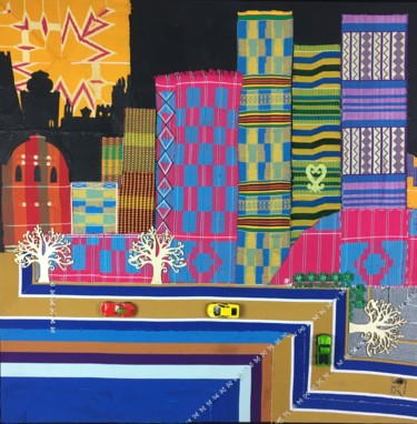 Arte textil titulada "Afritecture" por Kwame Akpokavi, Obra de arte original, Collages Montado en Bastidor de camilla de mad…