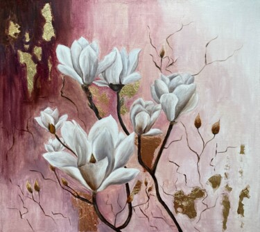 Schilderij getiteld "Magnolia branches" door Alsu Vagidullina, Origineel Kunstwerk, Olie Gemonteerd op Frame voor houten bra…