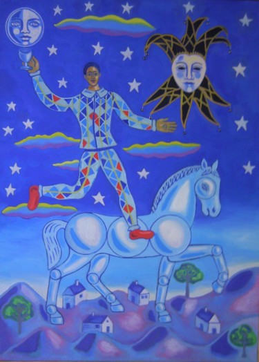 Картина под названием "Arlequín con caballo" - Alvaro Garcia Caze, Подлинное произведение искусства, Масло