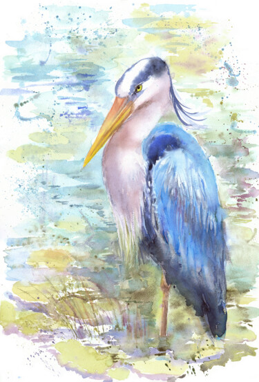 Painting titled "Blue Heron in the w…" by Alyona Masterkova, Original Artwork, Watercolor