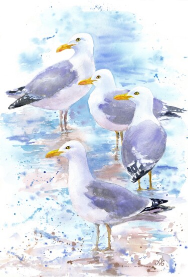 Painting titled "Blue-gray gulls" by Alyona Masterkova, Original Artwork, Watercolor