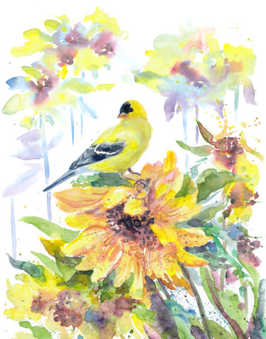 Painting titled "Gold Finch on sunfl…" by Alyona Masterkova, Original Artwork, Watercolor
