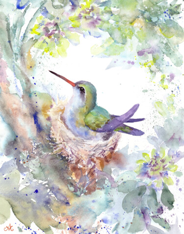 Pintura intitulada "Hummingbird in the…" por Alyona Masterkova, Obras de arte originais, Aquarela