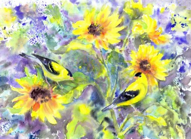 Painting titled "Gold finches in sun…" by Alyona Masterkova, Original Artwork, Watercolor